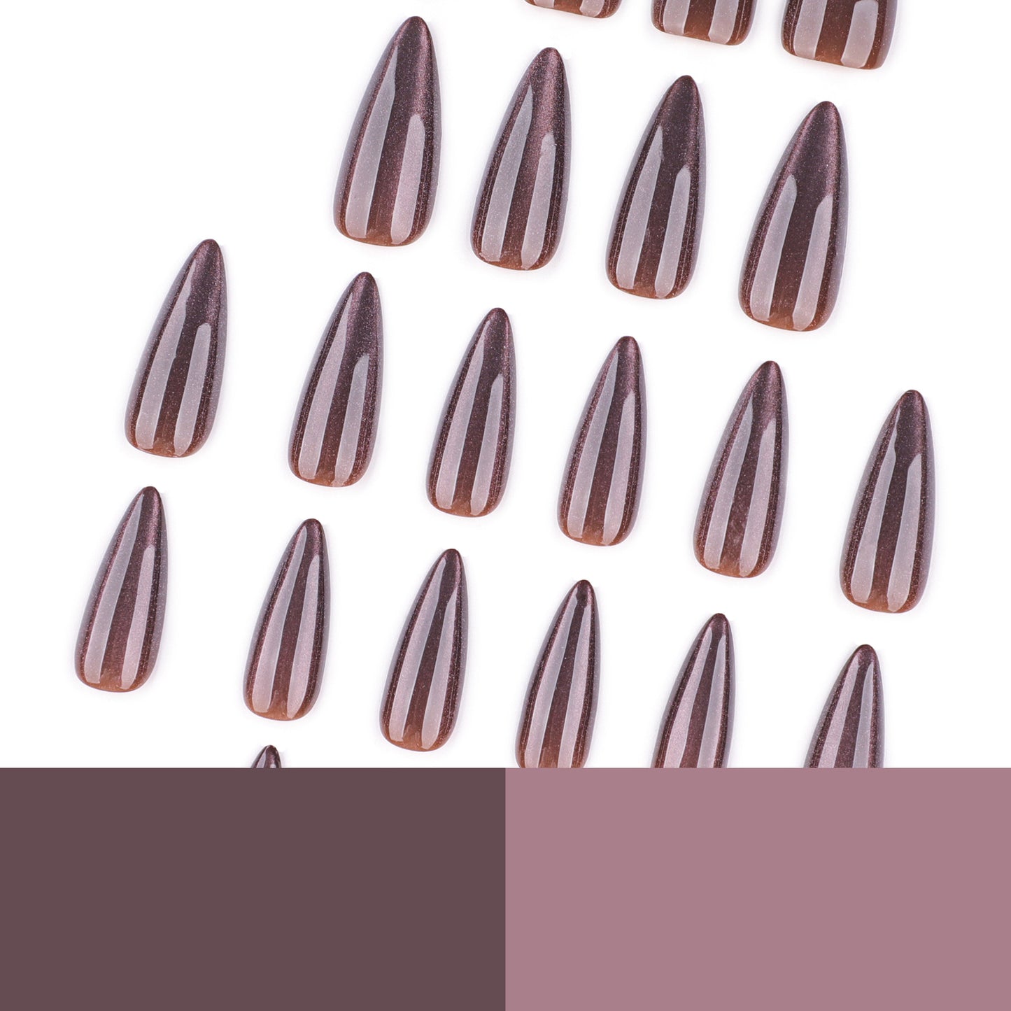 Brown solid color cat eye glitter press-on nails - medium length almond shape