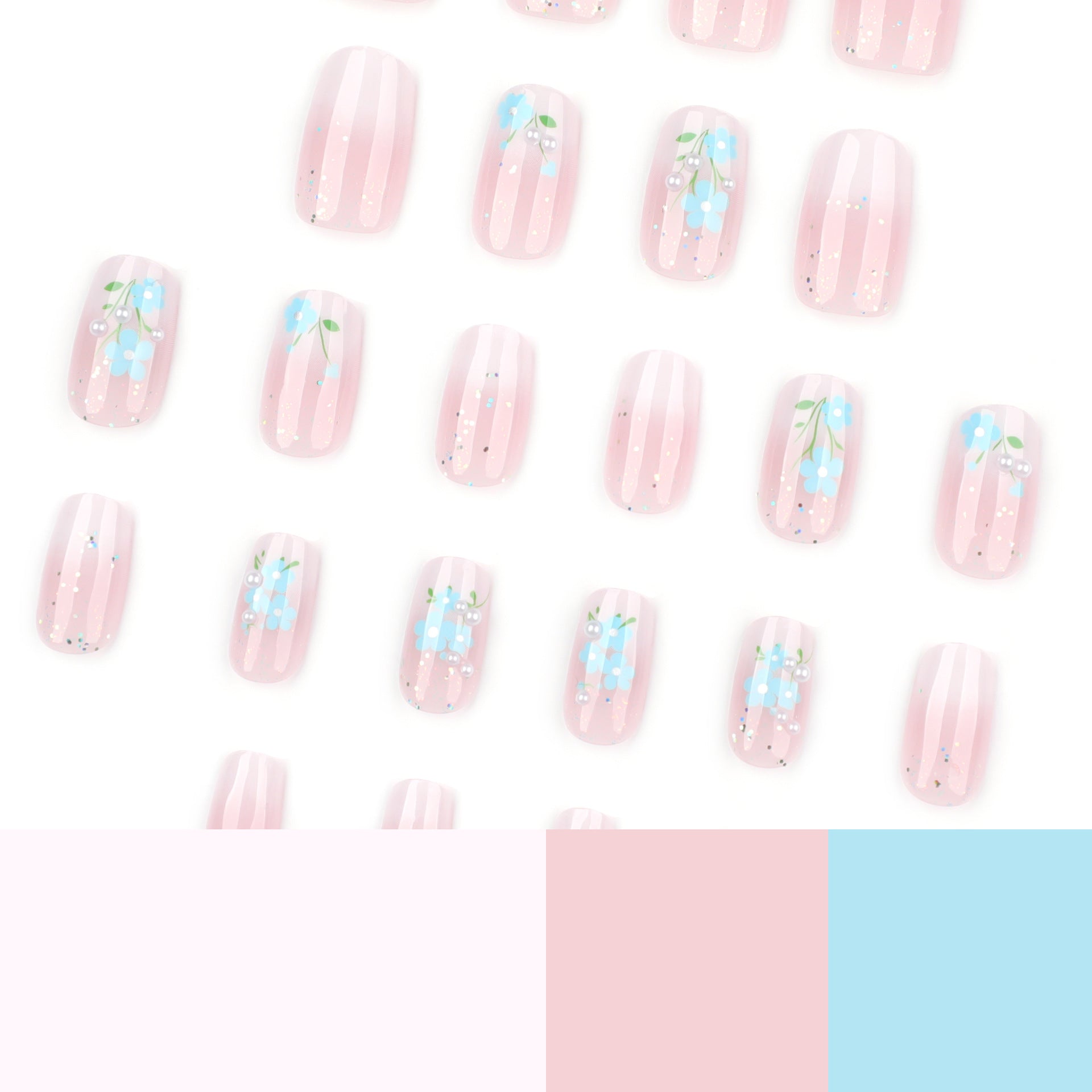Fresh blue flowers pink and white gradual change simple short square press-on nails