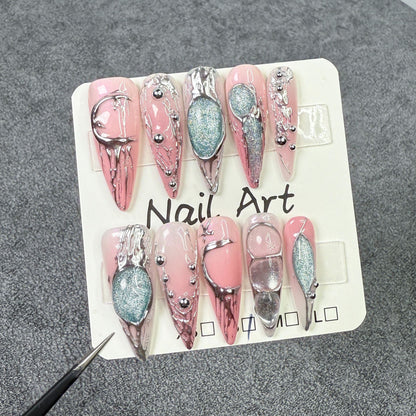 Handmade press-on nails powder silver dream two-color gradual change nail art Europe and the United States sweet cool metal  fake nail wholesale｜365nails