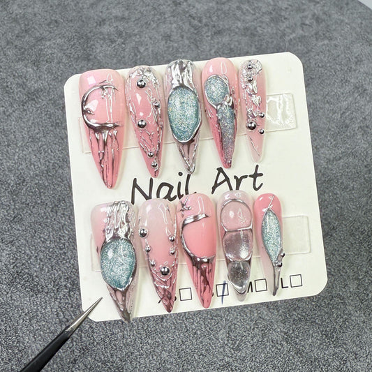 Handmade press-on nails powder silver dream two-color gradual change nail art Europe and the United States sweet cool metal  fake nail wholesale｜365nails
