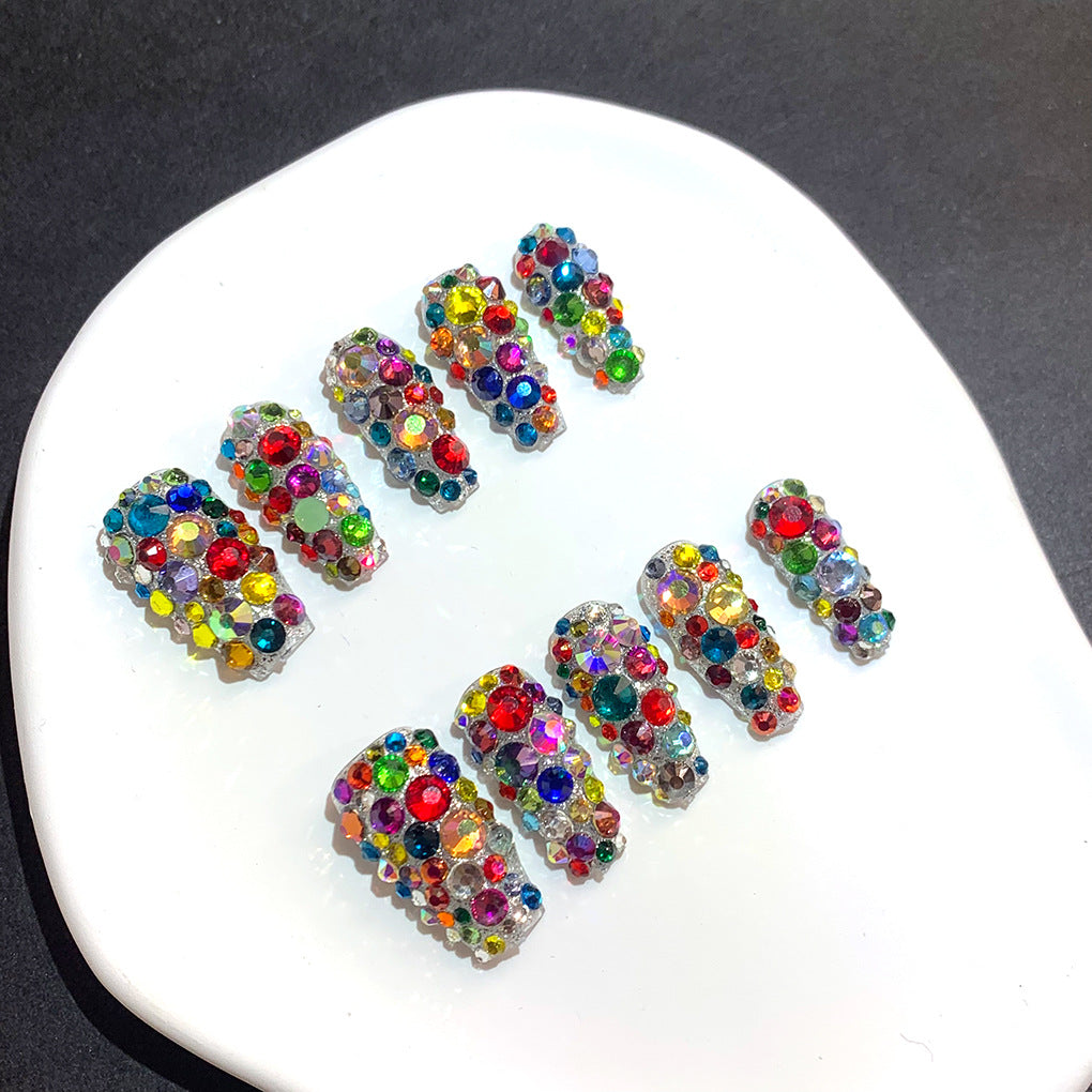 Multicolor Crystal Full Cover Statement Press On Nails