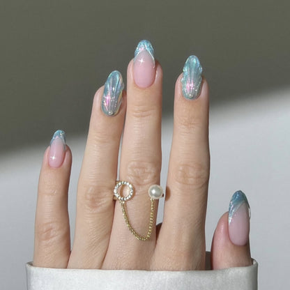 3D Water Drop Blue Cat's Eye French Short Almond press-on nails