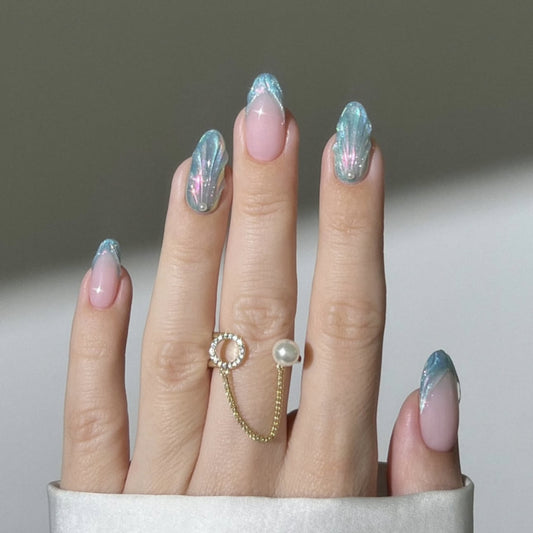 3D Water Drop Blue Cat's Eye French Short Almond press-on nails
