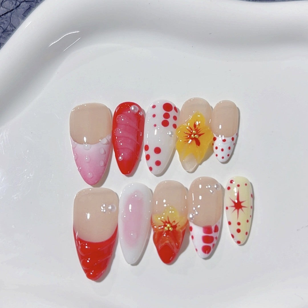 365nails：草莓花漾 — 中長款杏仁形 紅黃水果花卉 手工製穿戴甲