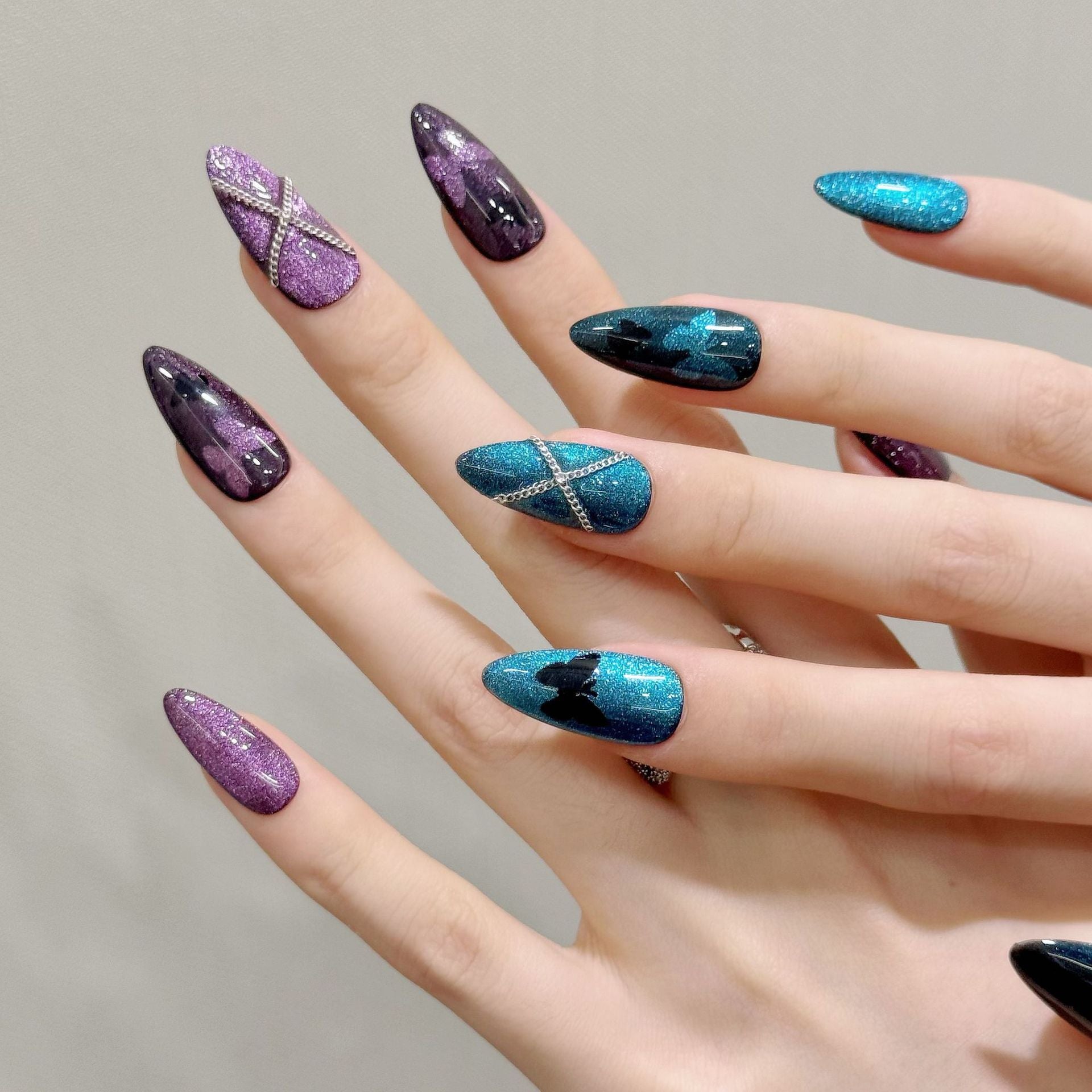 Shimmer Butterfly Short Nails in Purple and Blue