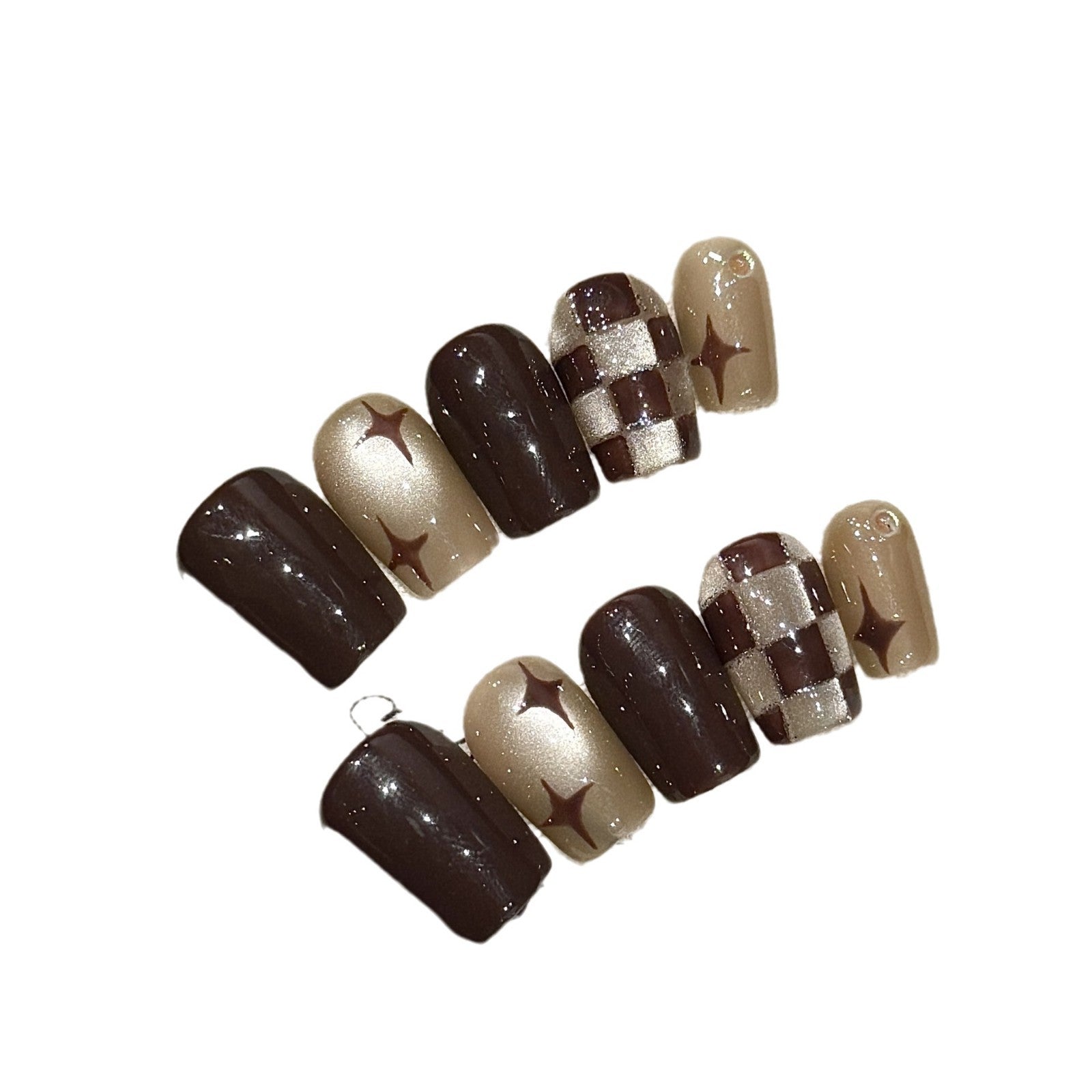 365nails: "Chocolate Starlight" – Hand-Painted Plaid & Starburst Handmade Short Square Nails