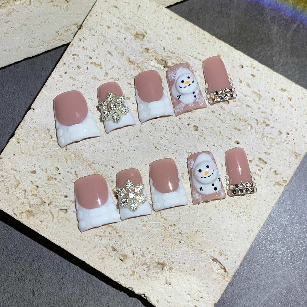 Nude Winter Nails with Snowman and Crystal Details
