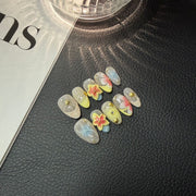 365nails: "Brisa Tropical" – Unhas Postiças Artesanais de Hibisco e Borboleta 3D, Tamanho Médio e Formato Amendoado