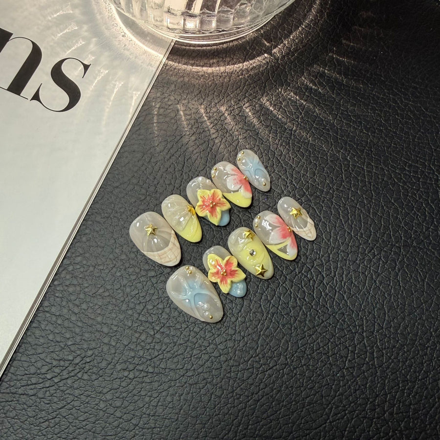 365nails: "Tropical Breeze" – 3D Hibiscus & Butterfly Handmade Medium Almond Nails