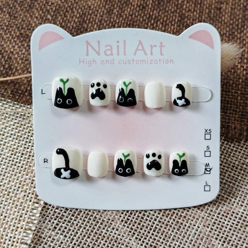 365nails: "sprouting black cat" – short round handmade kids press-on nails