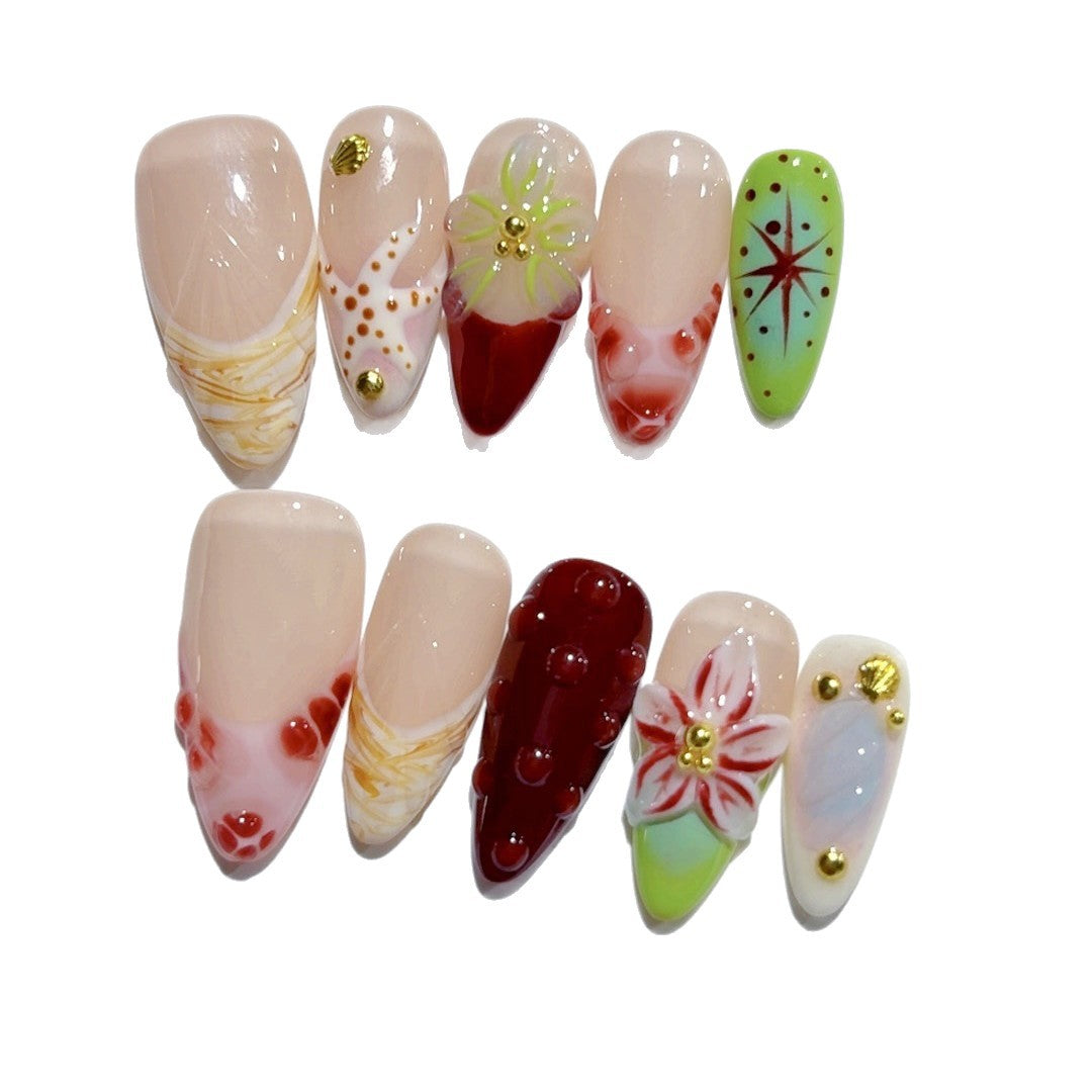 365nails: "Beach Star & Floral" – Unhas Postiças Artesanais Amêndoa Média Florais Marinhas
