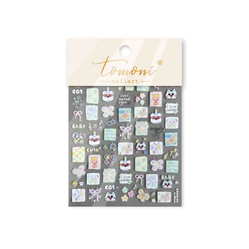 365nails: "cute cat butterfly doodle embossed set" – Nail Art Stickers