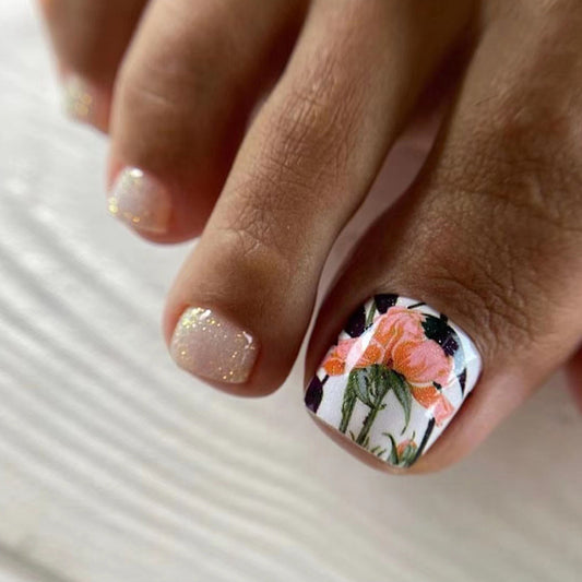 Manicure de flores de verão, doce e fresca, unhas postiças com glitter, estilo nacional, flor de peônia, unhas postiças｜365nails