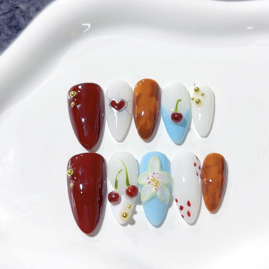 Fruitful Romance: "Cherry Amber" – Almond Press-On Nails