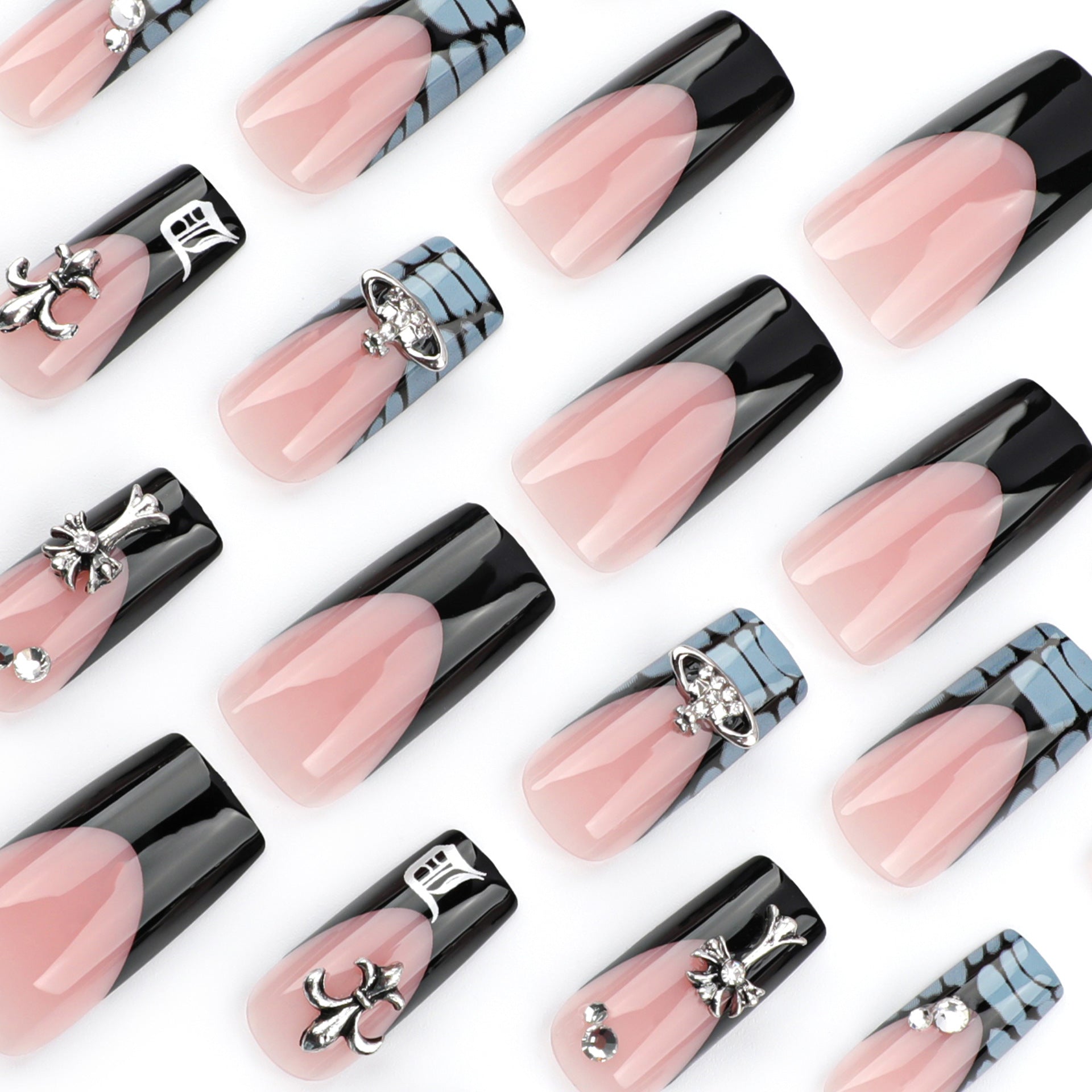 Unhas postiças francesas pretas com padrão de crocodilo, remendo de unha em forma de cruz, remendo de unha quadrado, 365nails