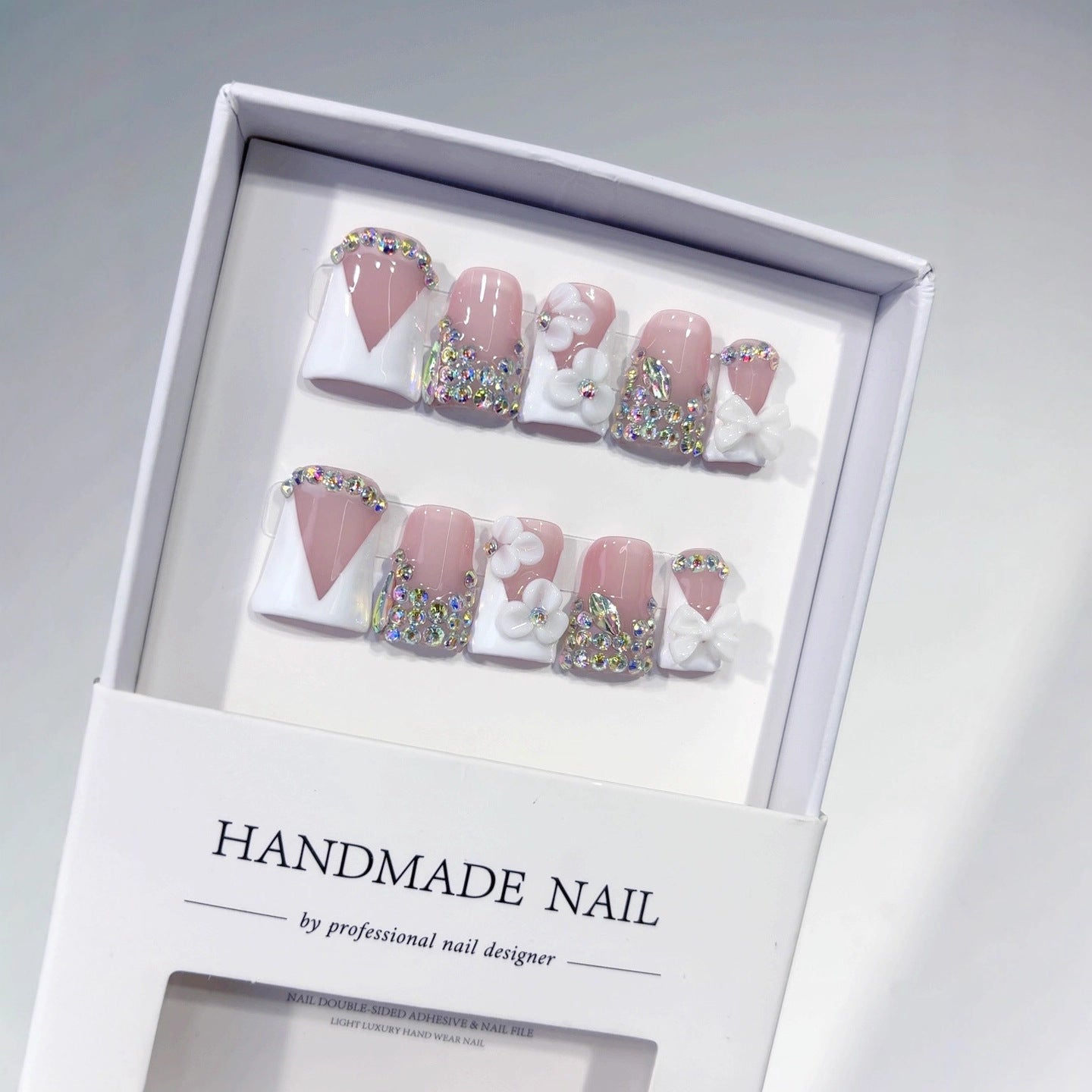 Bridal Elegance: "White Bow Crystal" – Short Square Handmade Press-Ons