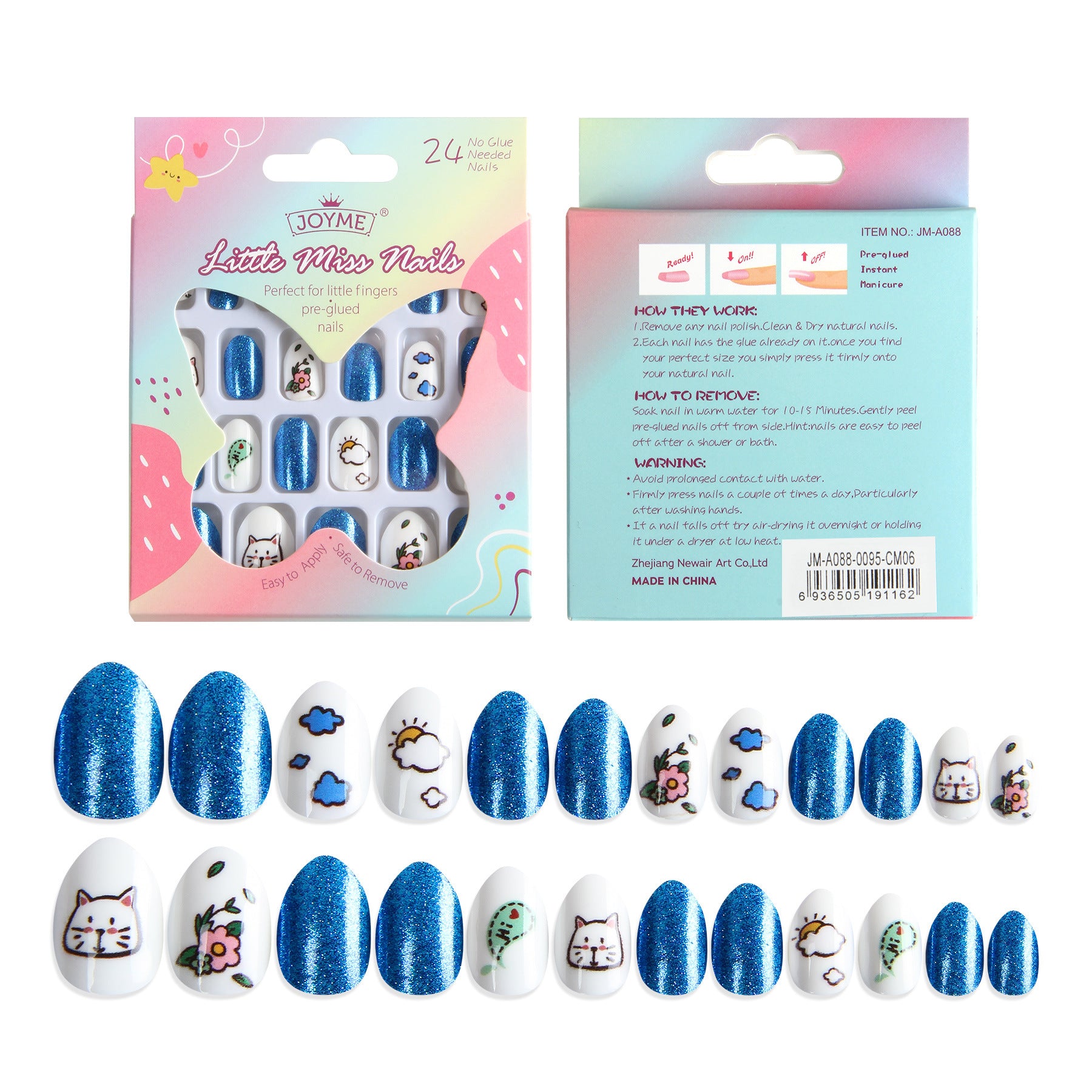 Kids press-on nails Bring your own nail patch, pointed almonds 24 pieces, finished blue kitten cartoon