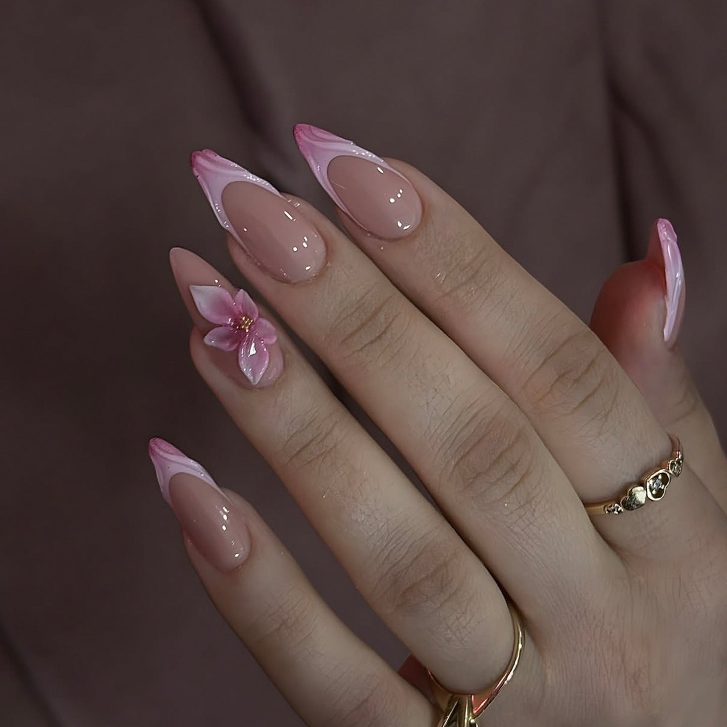 365nails: "Pink Swirl French with 3D Flower Almond" – Elegant Press-on Nails