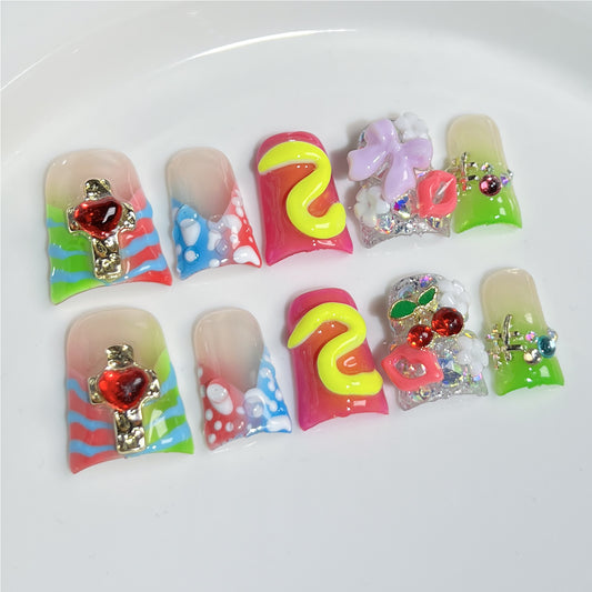 Unhas postiças artesanais, transparentes, com relevo francês, estilo Spice Girl, atacado, 365nails