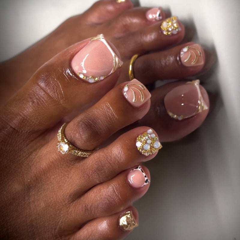 Luxury Nude & Gold Rhinestone Press On Toenails | Elegant Bling Pedicure