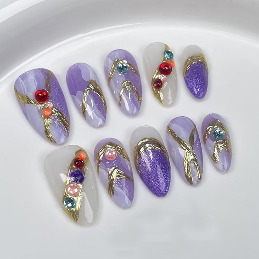 Handmade press on nails Dream Purple Baroque High Luxury Nail Art Finished Patch Watercolor Smudge Almond Nail｜365nails
