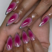 vente chaude patchs, flou rose rouge, cercle français argent, patchs d'ongles amande, en gros.｜365nails