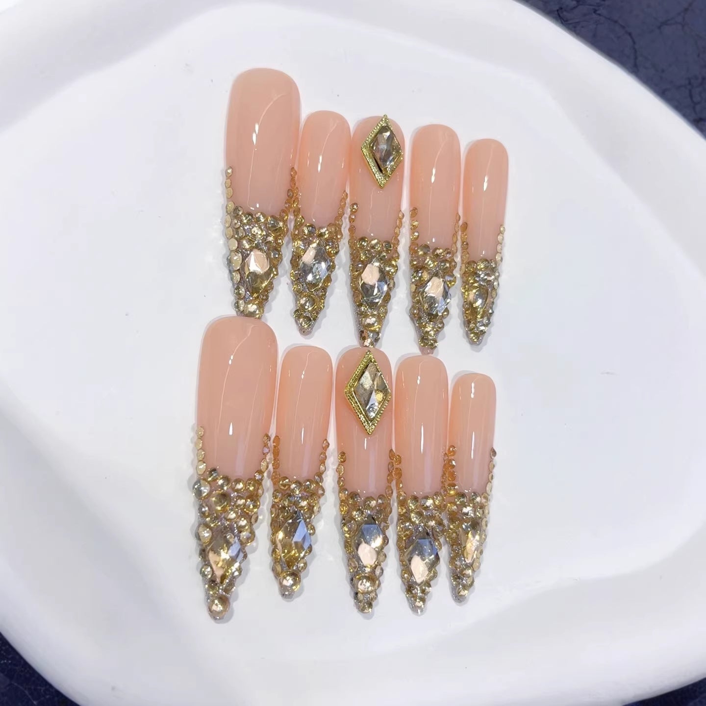 Nude Gold Crystal Drip Luxe Statement Press On Nails