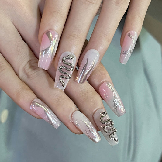 press on armor wholesale pink smudge silver flame chain three-dimensional snake-shaped rhinestone press on armor finished nails piece nails｜365nails