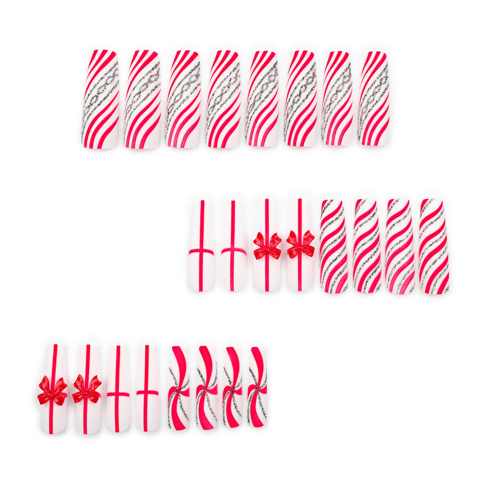 Extra long red bow Press on nails   Christmas  candy striped glitter fake nail nail piece｜365nails