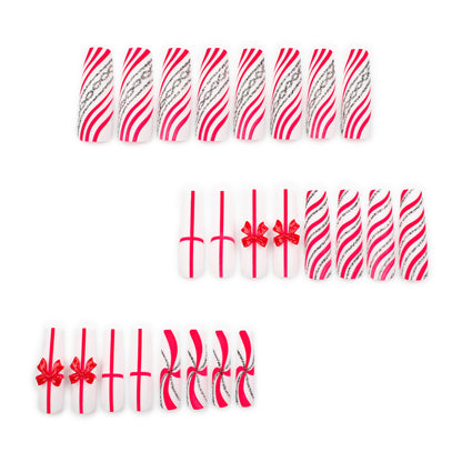 Extra long red bow Press on nails   Christmas  candy striped glitter fake nail nail piece｜365nails