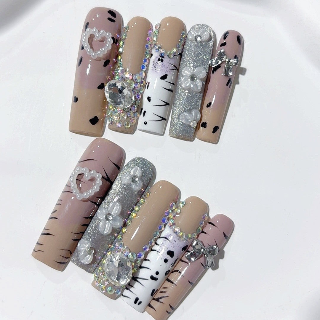Neutral Leopard Crystal Floral Press On Nail Set