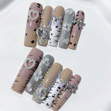 Neutral Leopard Crystal Floral Press On Nail Set