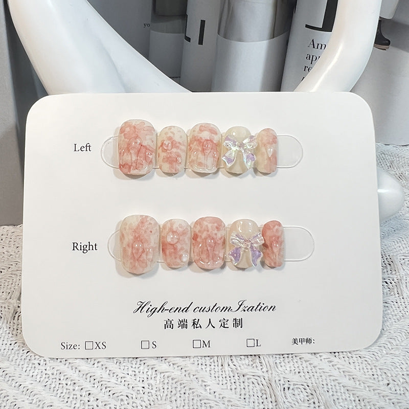 Watercolor smudge sweet and cute bow short manicure patch fake nails small fresh Handmade press on nails wholesale｜365nails