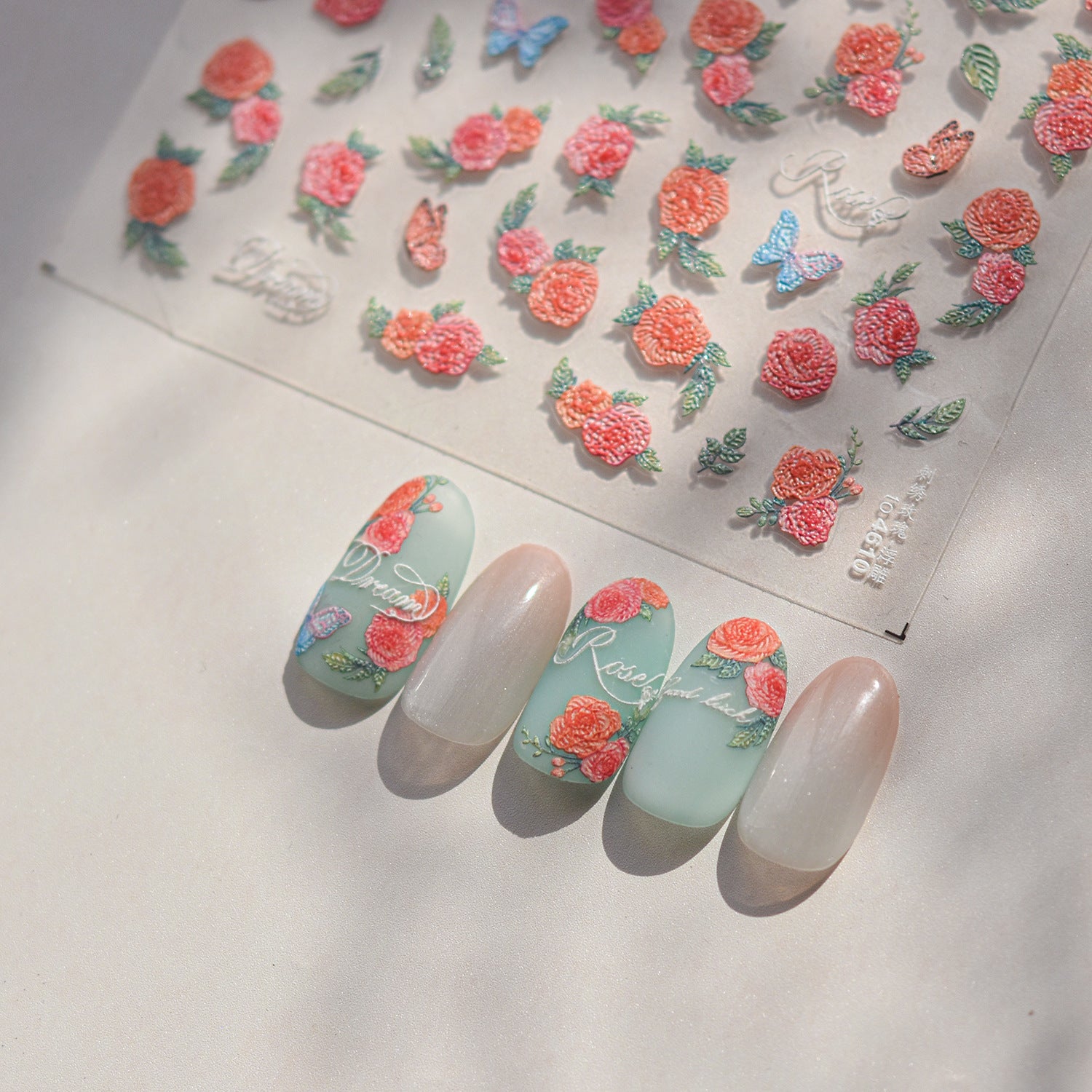 Blush Rose & Butterfly Nail Stickers – 5D Embossed Romantic Garden Set