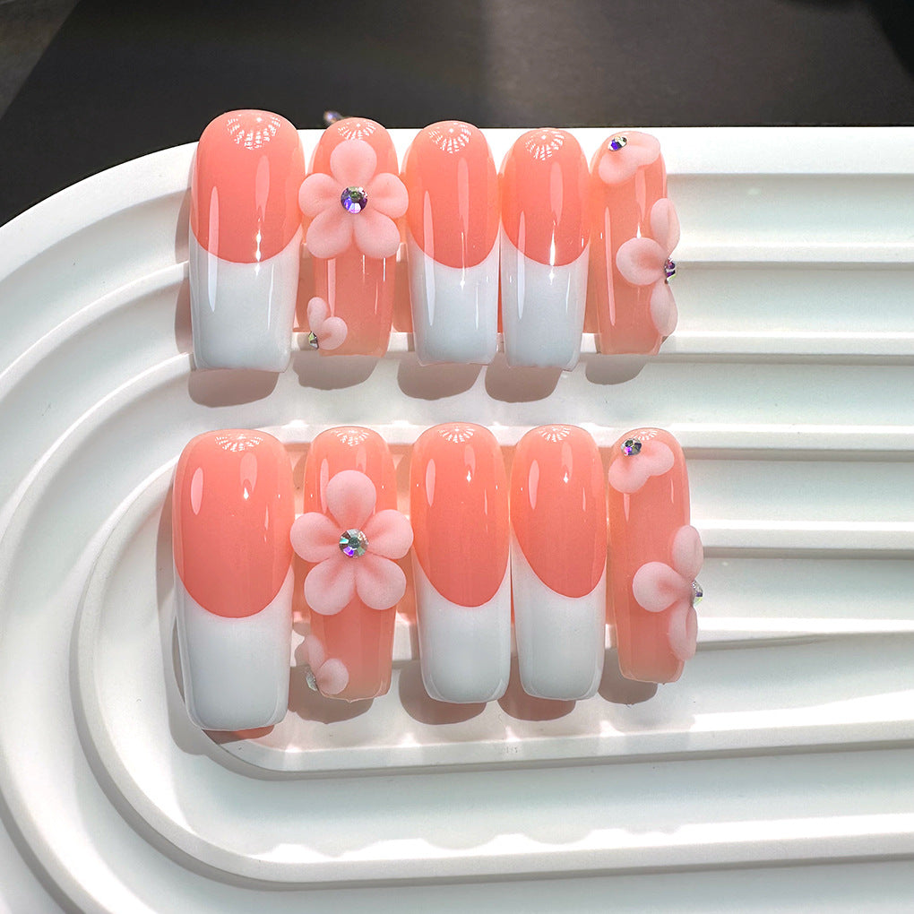Peach French Floral Soft Gloss Elegant Press On Nails