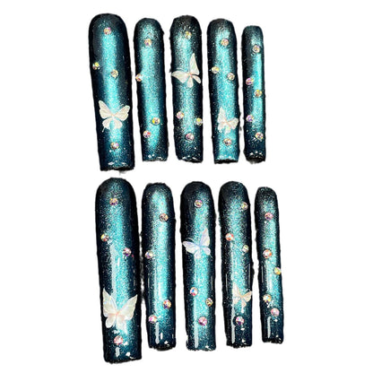Handmade armor flash blue cat eye 5D relief butterfly  long nail art  super long water pipe nail｜365nails