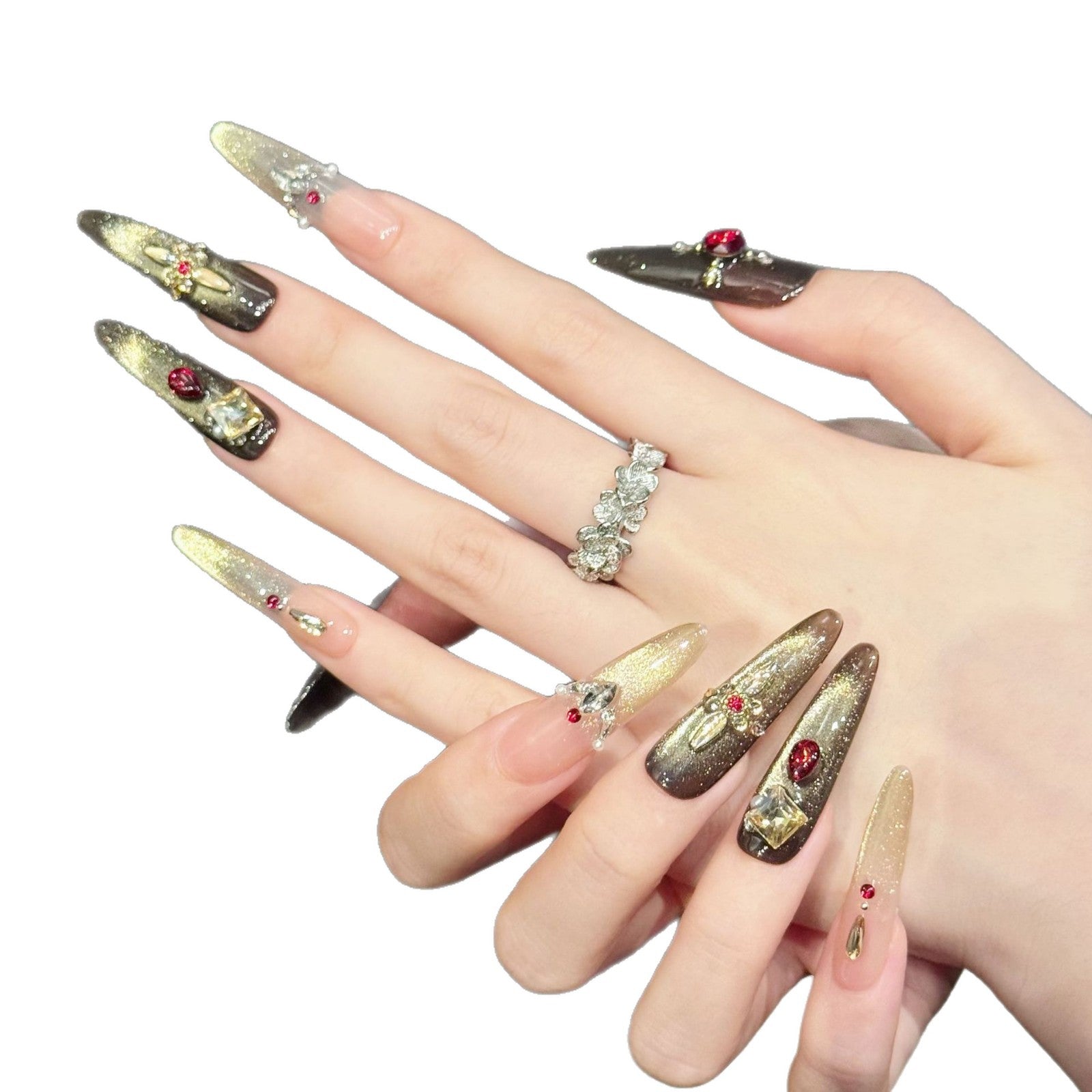 365nails: "Imperial Bloom" – 3D Red Gem & Gold Leaf Handmade Long Coffin Nails