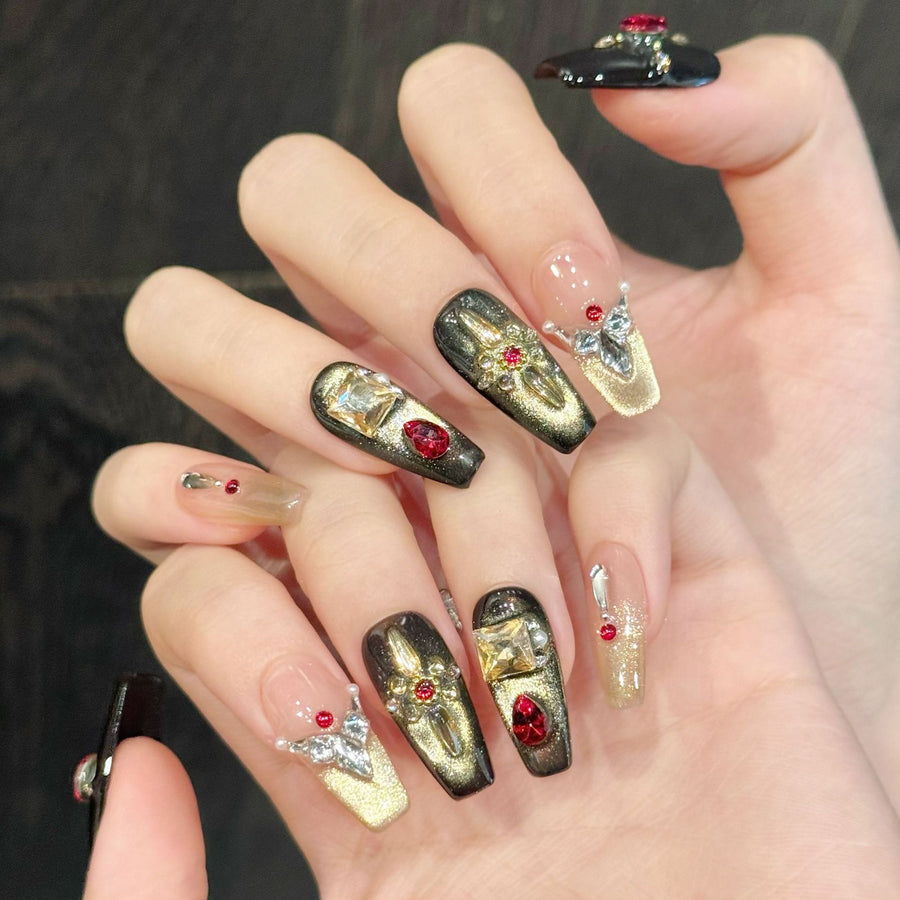 365nails: "Imperial Bloom" – 3D Red Gem & Gold Leaf Handmade Long Coffin Nails