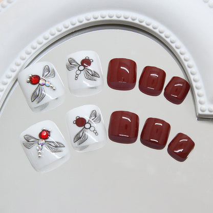 Summer smart burgundy flash diamond dragonfly atmosphere  ins wind Press-on toenails nail finished product removable 24 pieces｜365nails