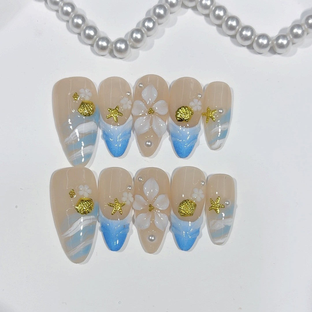 Coastal Breeze: "Seashell Bloom" – Medium Almond Handmade Press On Nails