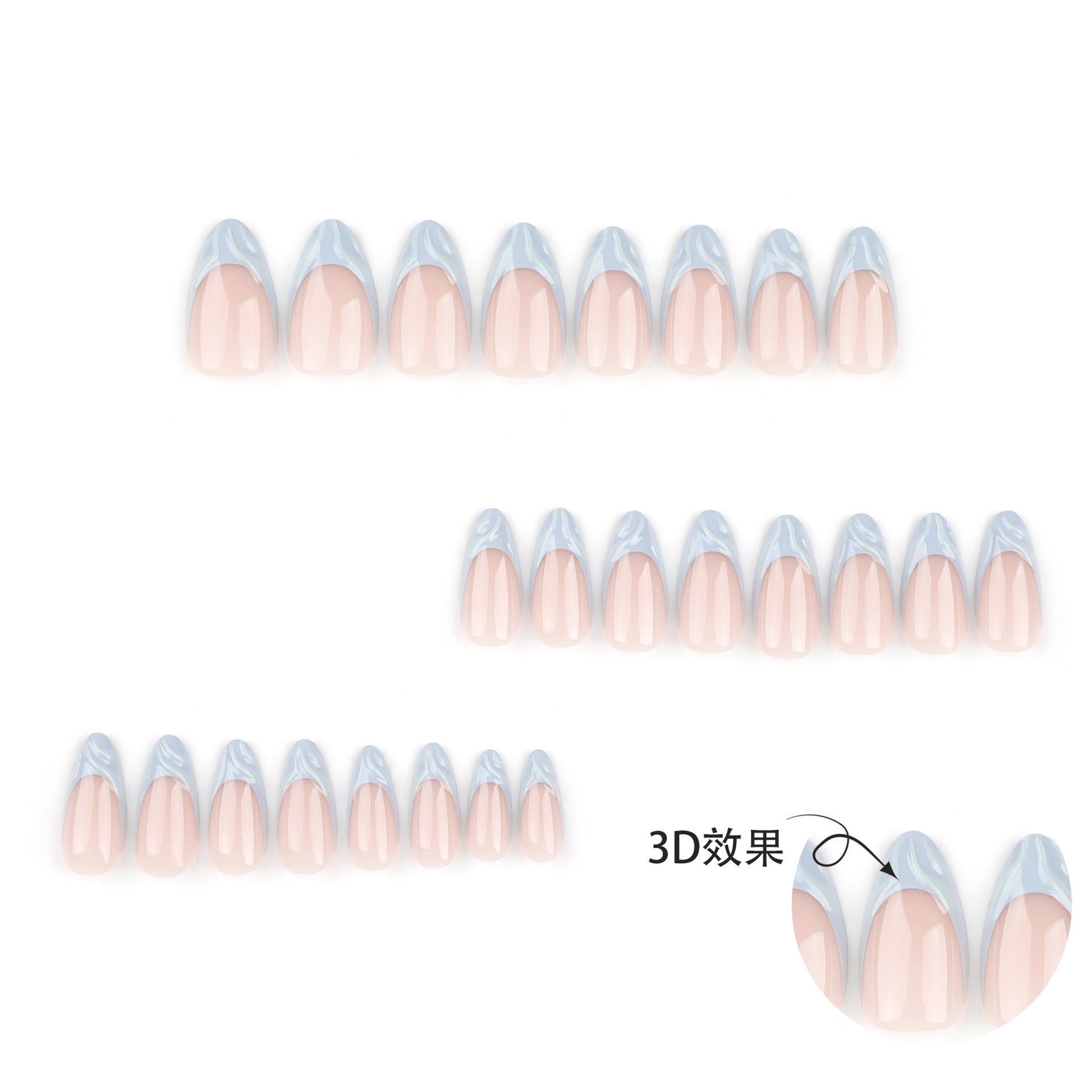 Unhas postiças 3D tridimensionais com ondulação de água, manicure francesa azul claro, unhas postiças curtas e simples, produto acabado, atacado｜365nails