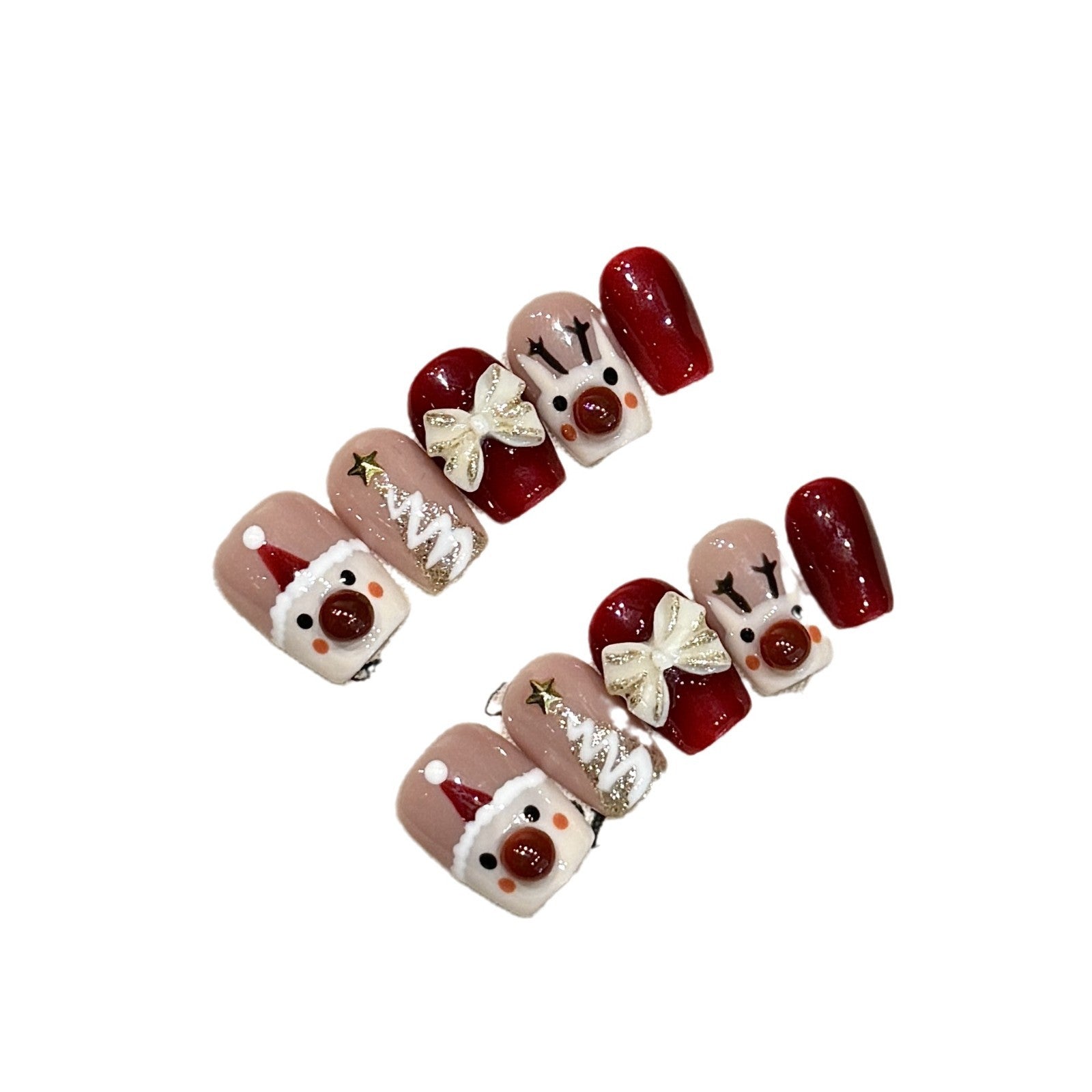 Santa Reindeer Hand‑Painted Christmas Press‑On Nails – Festive Bow Design