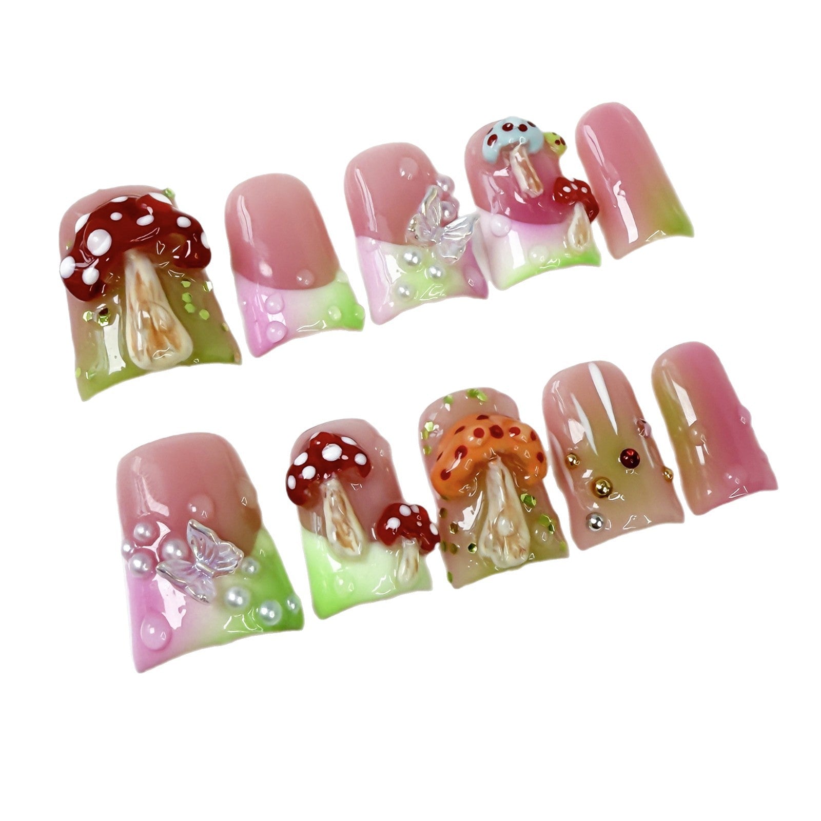 Uñas postizas con forma de pico de pato, diseño de hongo pellizcado, multicolor, cambio gradual, con hielo a través de un relieve francés, uñas postizas a presión, totalmente hechas a mano | 365nails