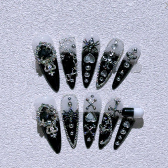 Gothic Press-On Nails with Chains, Crosses and Silver Stud Details