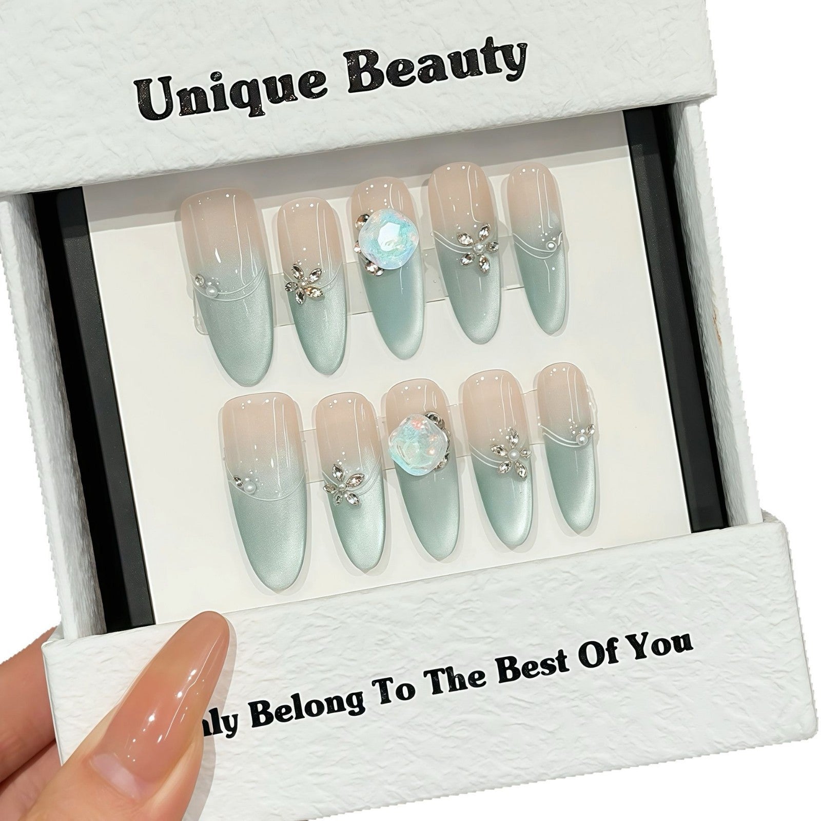 365nails: "Aurora Whisper" – Handcrafted Mint Ombre & Crystal Accents Almond Nails
