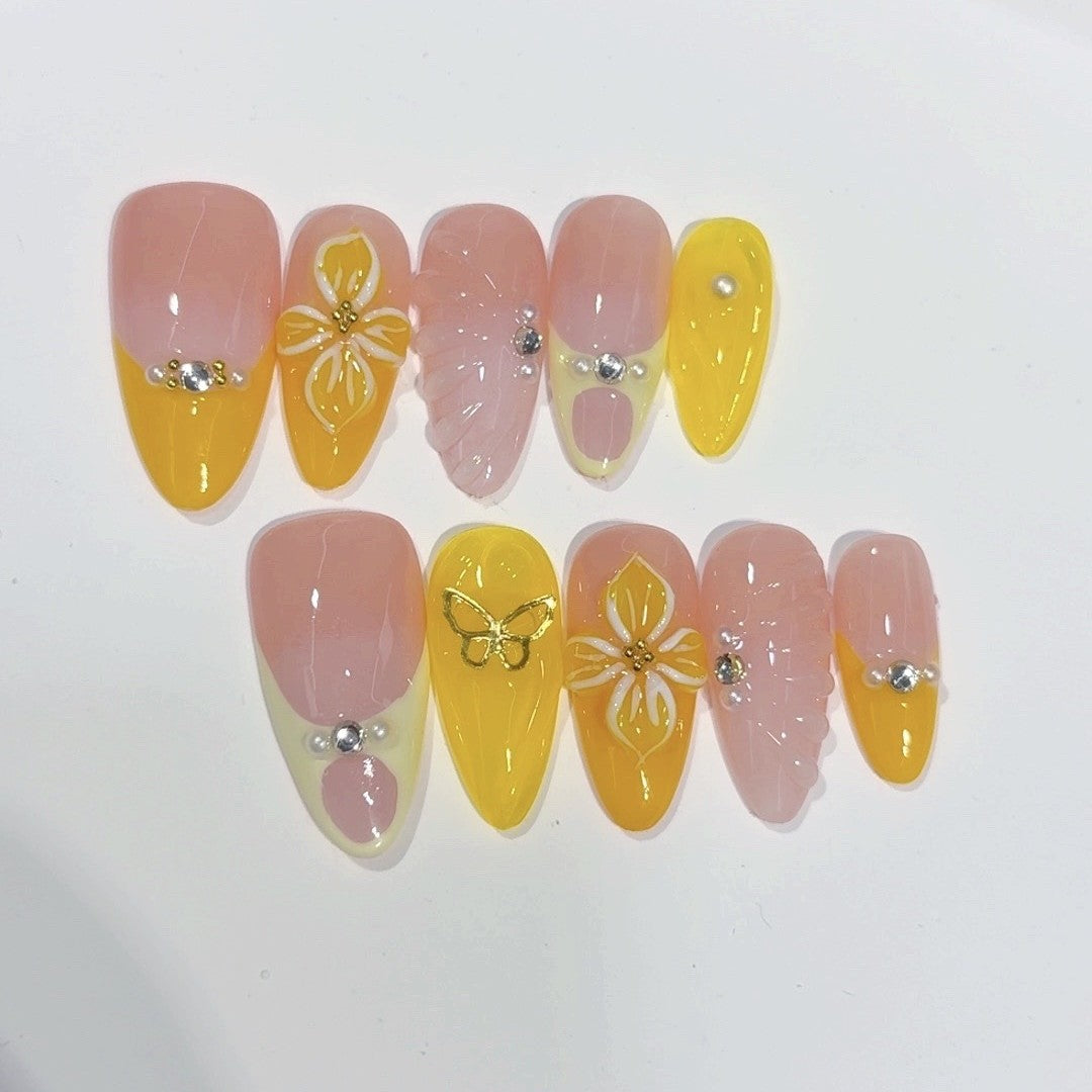Spring Bloom Series: "Butterfly Lemonade" – Almond Handmade Press-on Nails