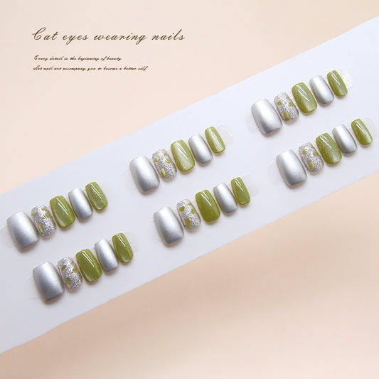 Nail Tips  prefabricated nail clear green fragments fine flash quicksand cat eye fashion white  nail patch 3｜365nails