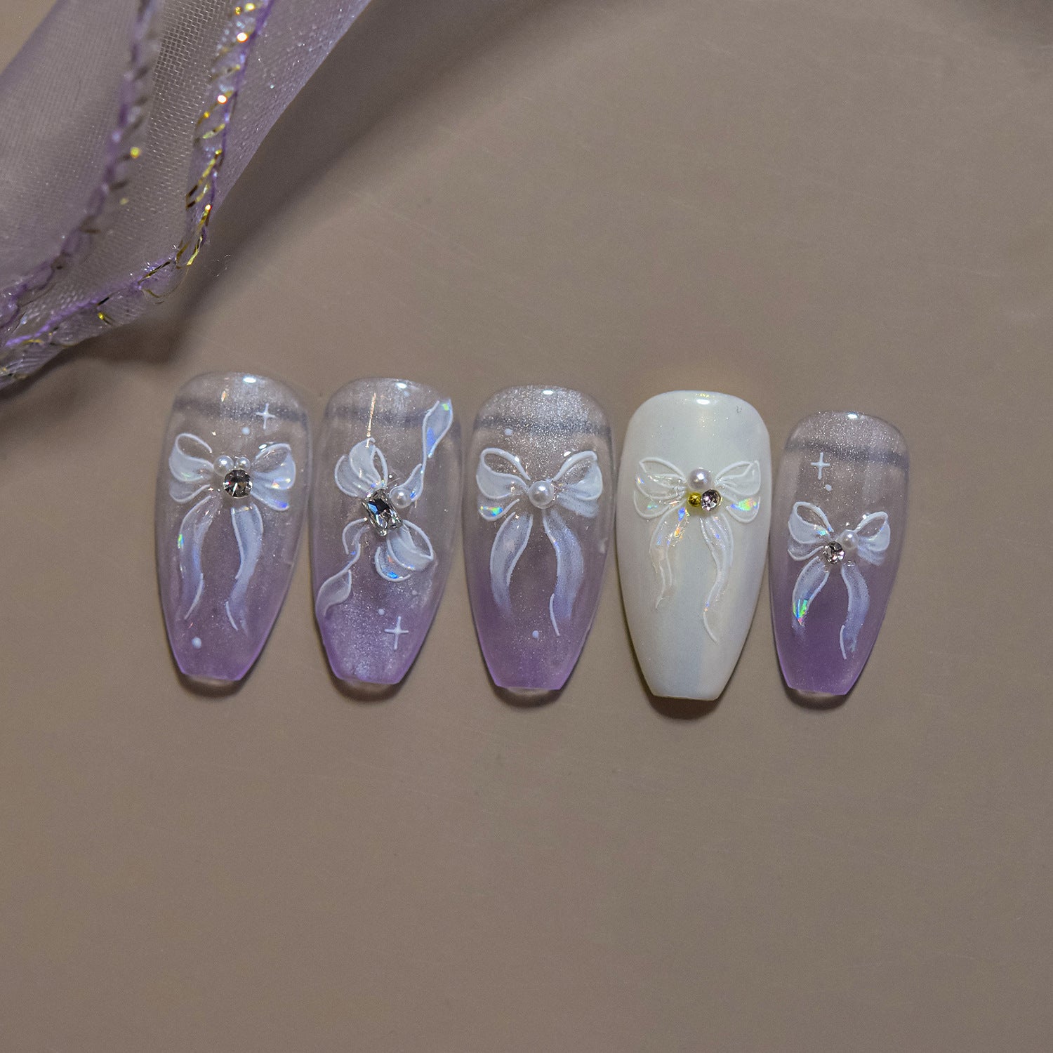 Iridescent Bow 3D Embossed Nail Stickers – Aurora Ribbon Collection
