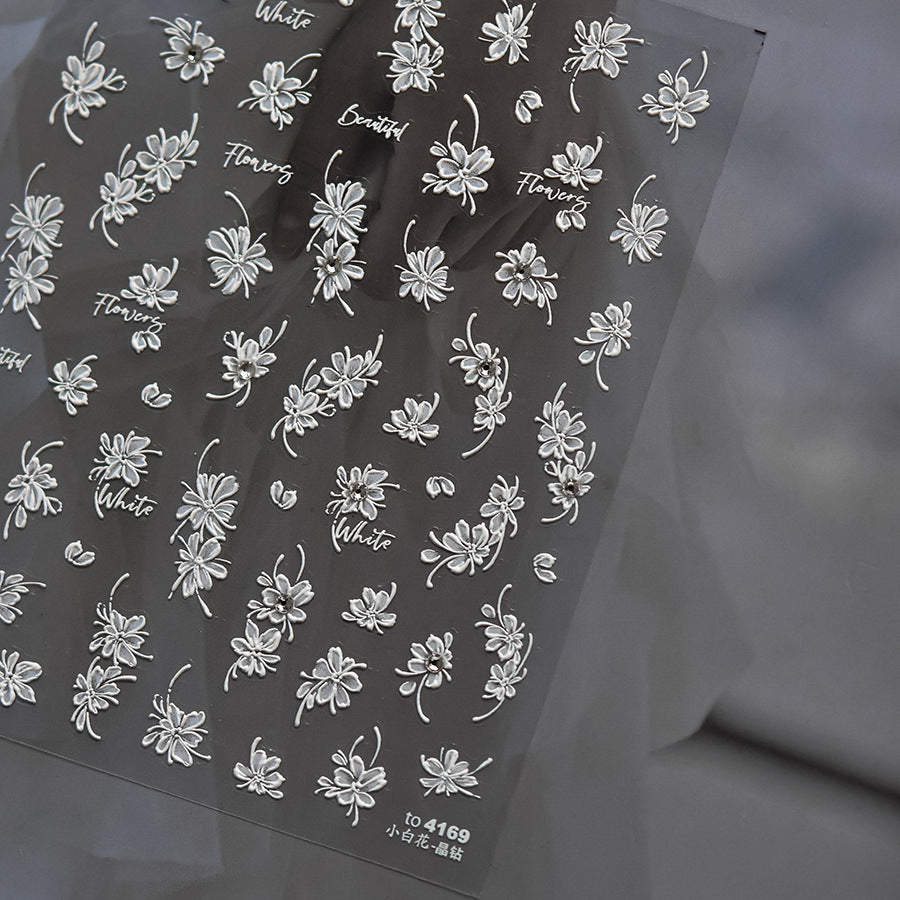 White Floral Crystal-Diamond: "Ethereal White Floral" – 5D Embossed Nail Sticker