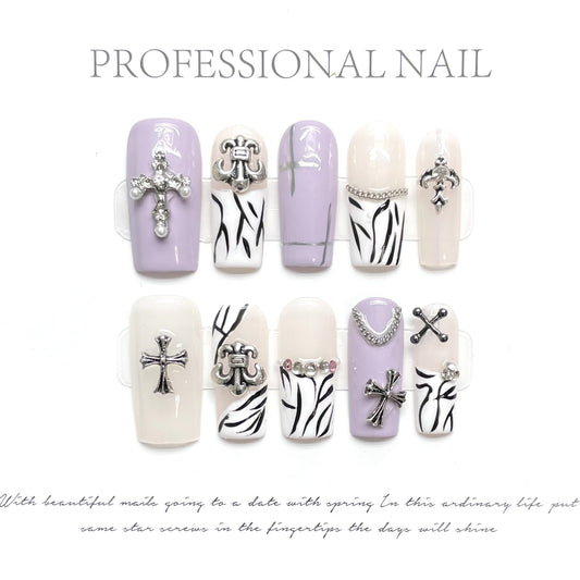 Europe and the United States wear nails, high-end sweet and cool Spice Girls wind alloy cross gradient zebra pattern flame wear nails | 365nails